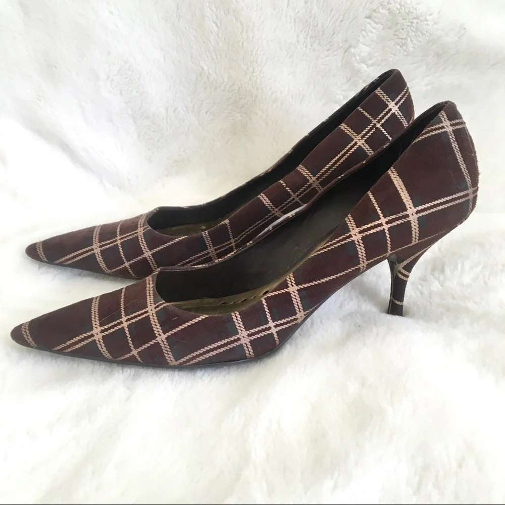 BCBGirls Plaid Brown Suede Heels